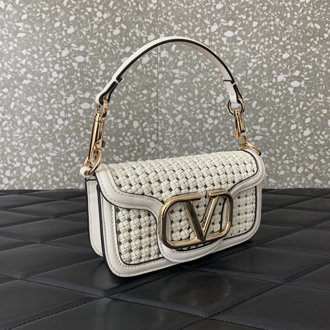 Valentino Garavani Loco Small Shoulder Bag in Ivory Metallic Woven Leather 